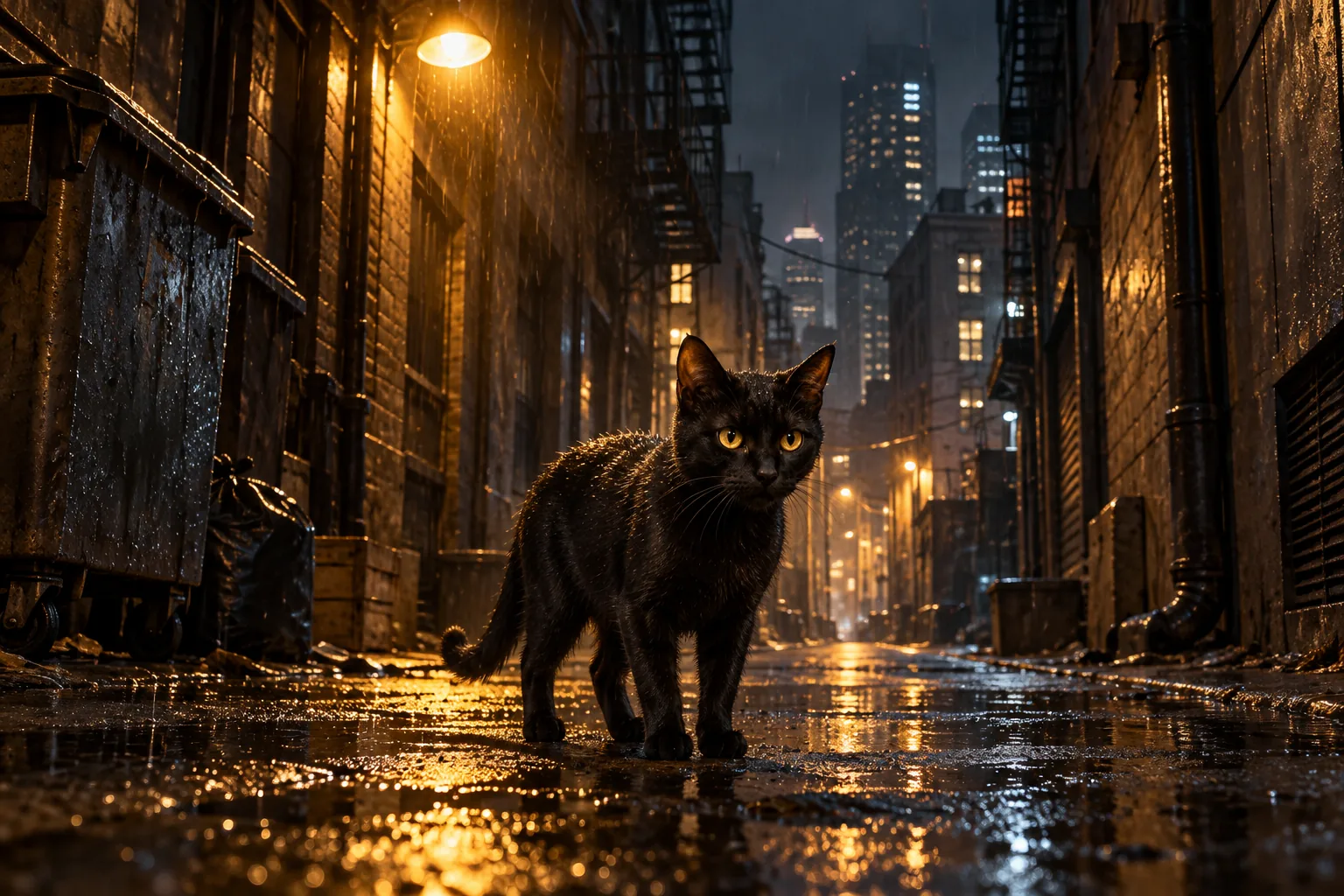A small furry black street cat with two healthy gold eyes stands alone in a wet amber-lit alley.