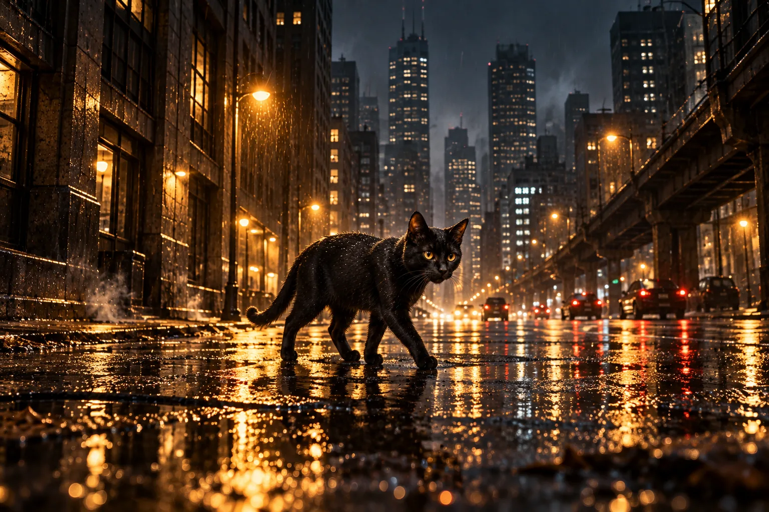 The same healthy furry black cat walks through a vast, cold city beneath streetlights and rain.
