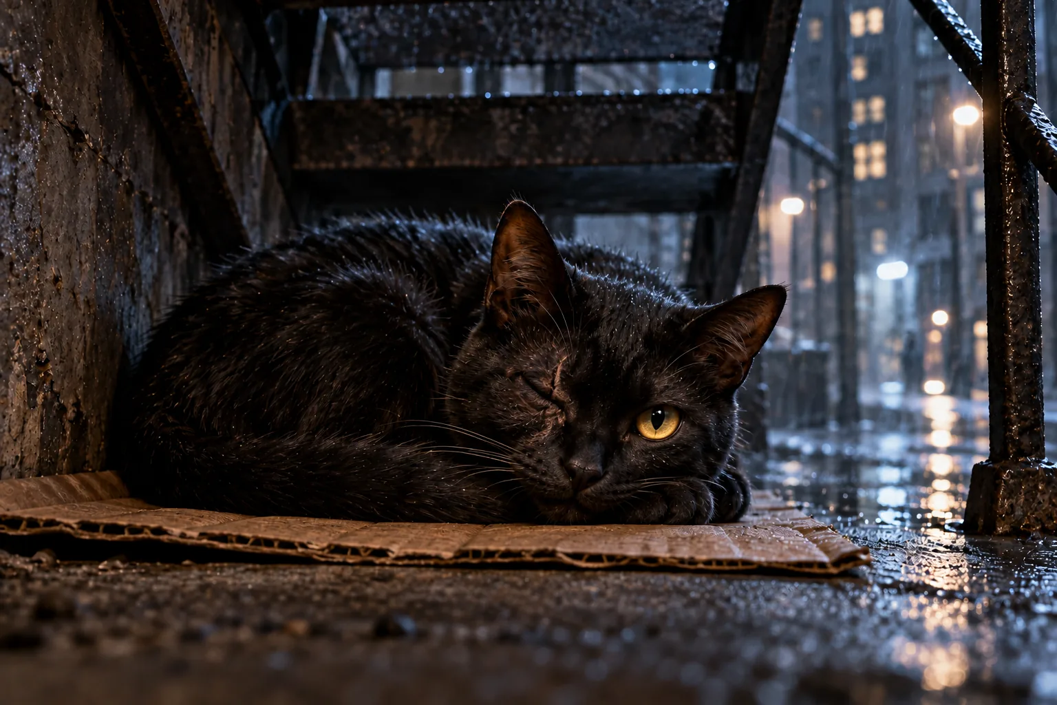 Still furry and now one-eyed, HORCAT curls in a sheltered corner on cardboard, healing quietly in cold steel-blue city light.