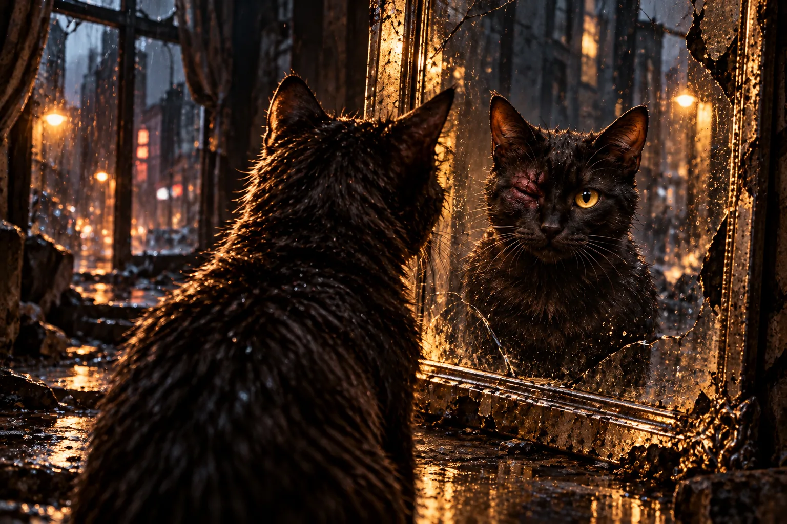 The injured furry cat faces an imperfect mirror and sees his own scarred, one-eyed reflection before choosing his future identity.