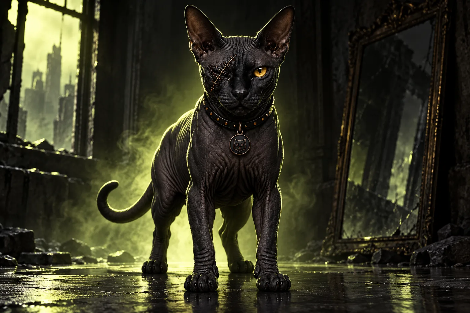 The first full reveal of the final black Sphynx HORCAT: hairless, standing confidently, one gold eye, the opposite eye scarred and stitched shut, a studded collar, and no eyepatch.