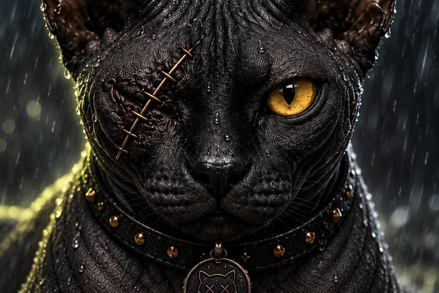 An intimate close-up of HORCAT’s gold eye, closed stitched eye, black skin, healed scars, and studded collar.