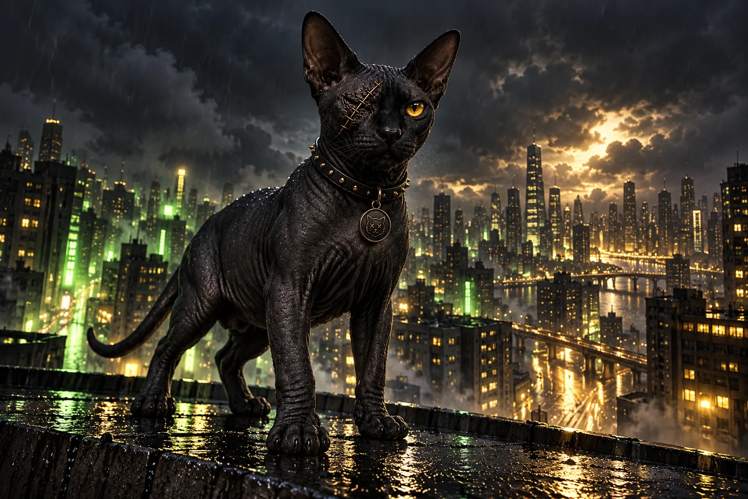 The final one-eyed black Sphynx stands above the city on a rooftop, overlooking the streets he survived.
